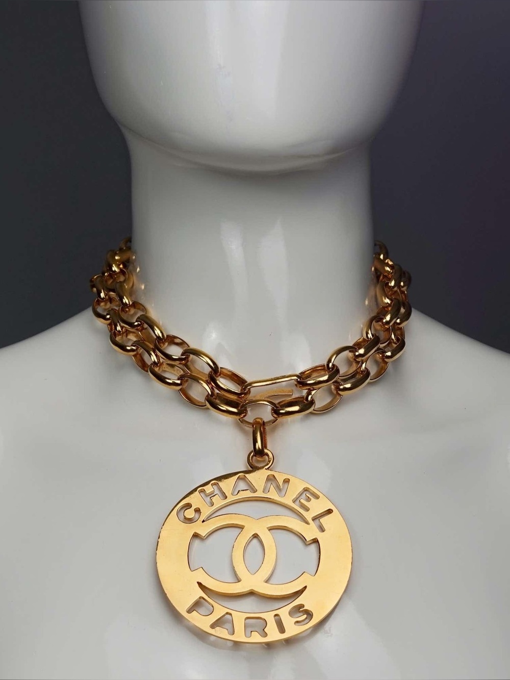 Authentic CHANEL Large Paris cutout logo medallion belt necklace 1991 runway